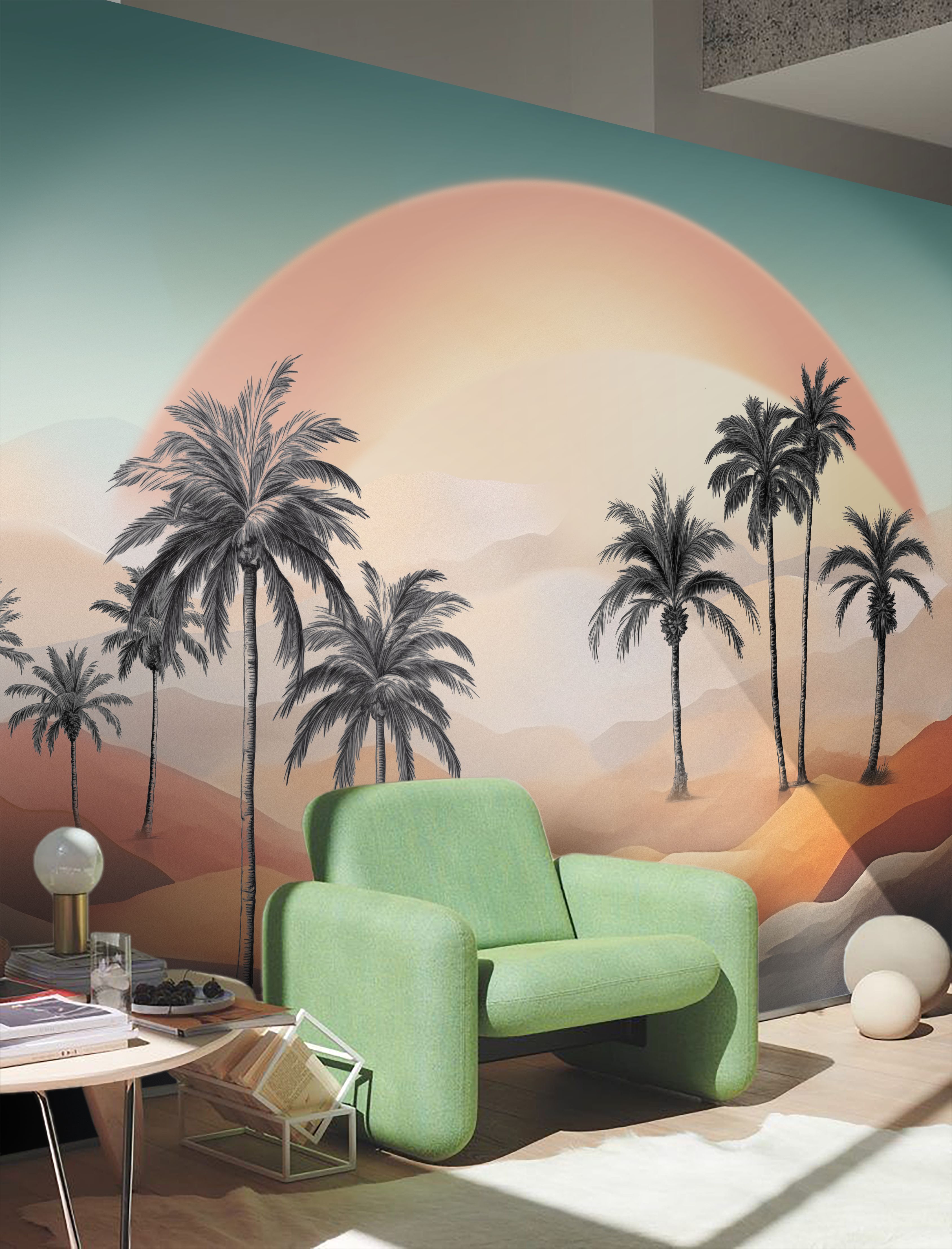 Botanical Vista terracotta mural with chair