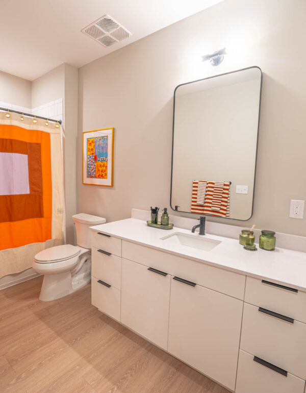 Wood look LVT in apartment unit bathroom